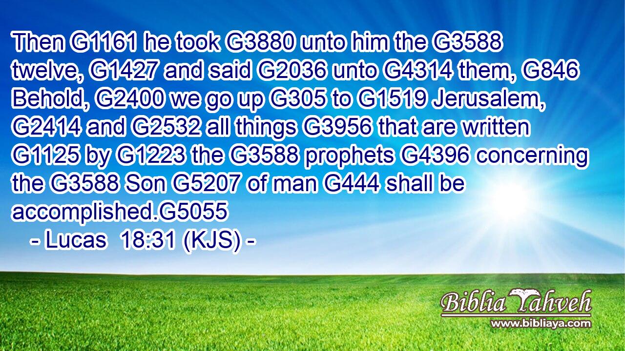 Then G1161 he took G3880 unto him the G3588 twelve, G1427 and said G2036 unto G4314 them, G846 Behold, G2400 we go up G305 to G1519 Jerusalem, G2414 and G2532 all things G3956 that are written G1125 by G1223 the G3588 prophets G4396 concerning the G3588 Son G5207 of man G444 shall be accomplished.G5055