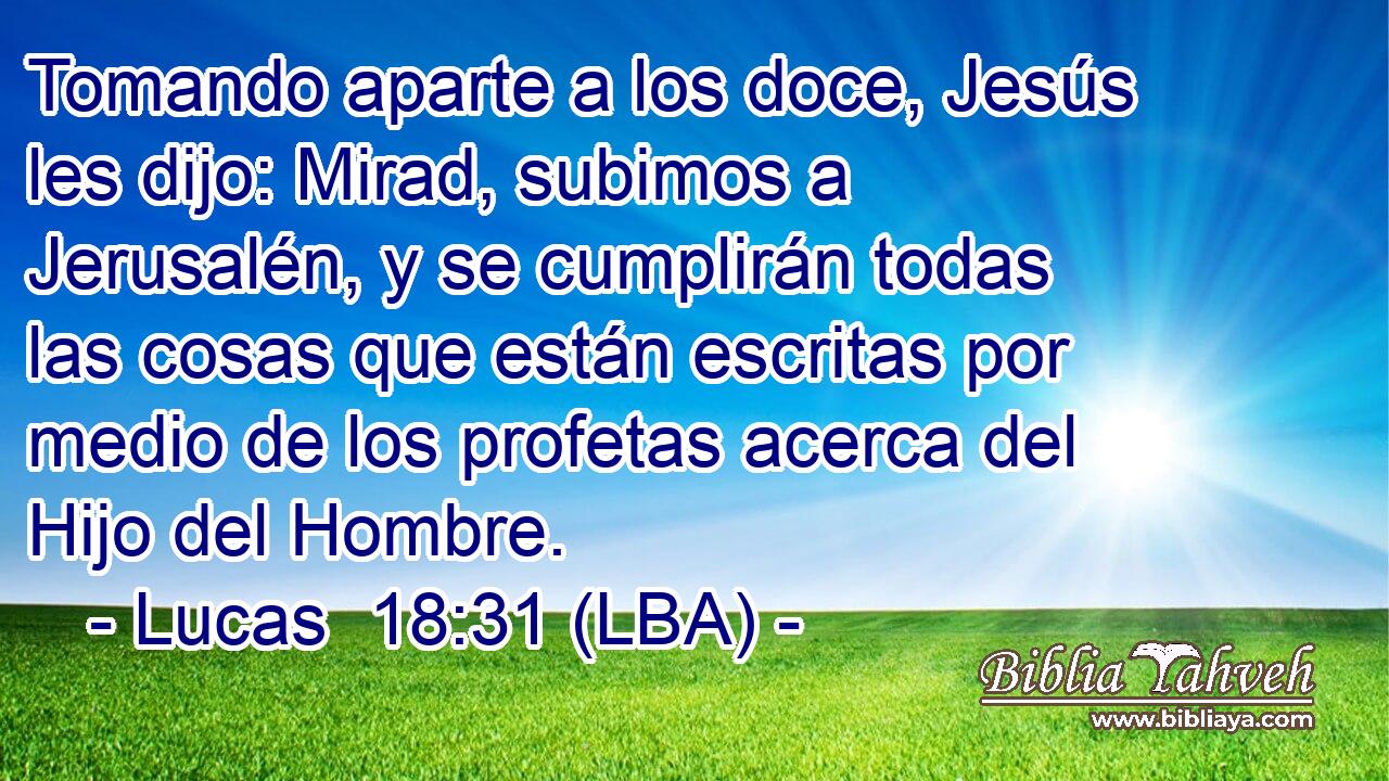 Tomando aparte a los doce, Jesús les dijo: Mirad, subimos a Jerusalén, y se cumplirán todas las cosas que están escritas por medio de los profetas acerca del Hijo del Hombre.