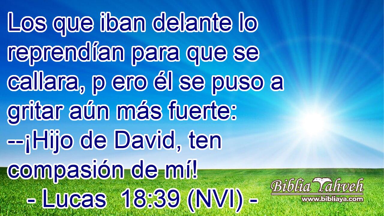  Los que iban delante lo reprendían para que se callara, p ero él se puso a gritar aún más fuerte: --¡Hijo de David, ten compasión de mí! 