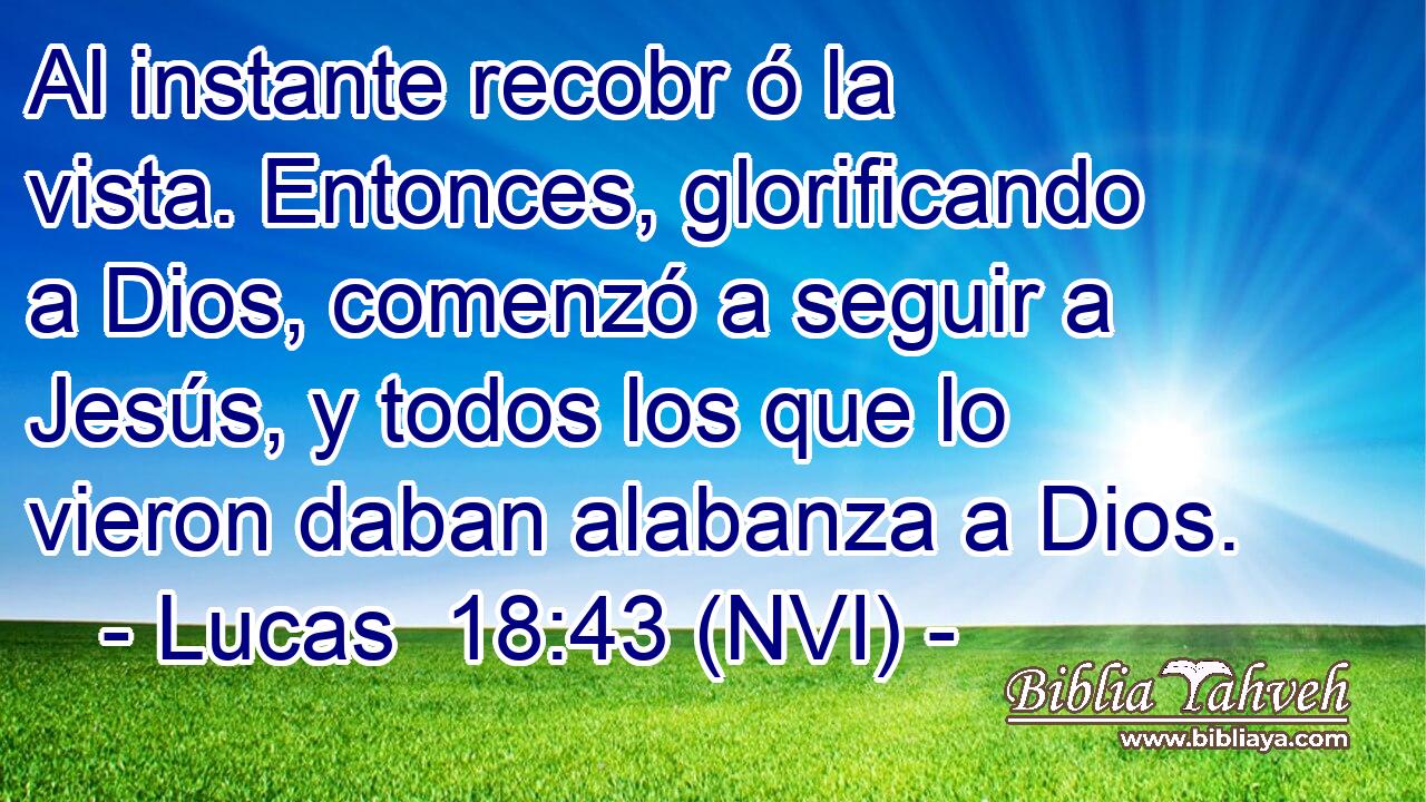  Al instante recobr ó la vista. Entonces, glorificando a Dios, comenzó a seguir a Jesús, y todos los que lo vieron daban alabanza a Dios. 