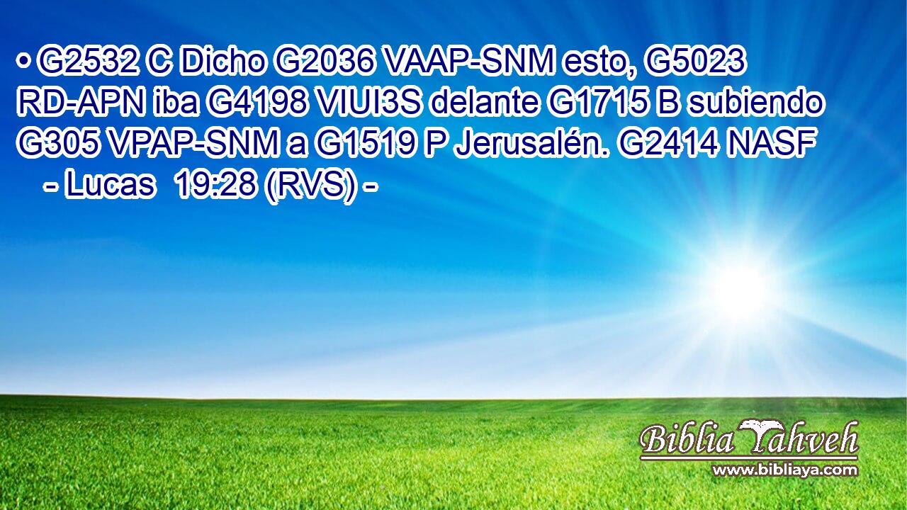 • G2532 C Dicho G2036 VAAP-SNM esto, G5023 RD-APN iba G4198 VIUI3S delante G1715 B subiendo G305 VPAP-SNM a G1519 P Jerusalén. G2414 NASF 