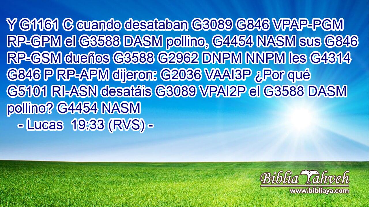 Y G1161 C cuando desataban G3089 G846 VPAP-PGM RP-GPM el G3588 DASM pollino, G4454 NASM sus G846 RP-GSM dueños G3588 G2962 DNPM NNPM les G4314 G846 P RP-APM dijeron: G2036 VAAI3P ¿Por qué G5101 RI-ASN desatáis G3089 VPAI2P el G3588 DASM pollino? G4454 NASM 