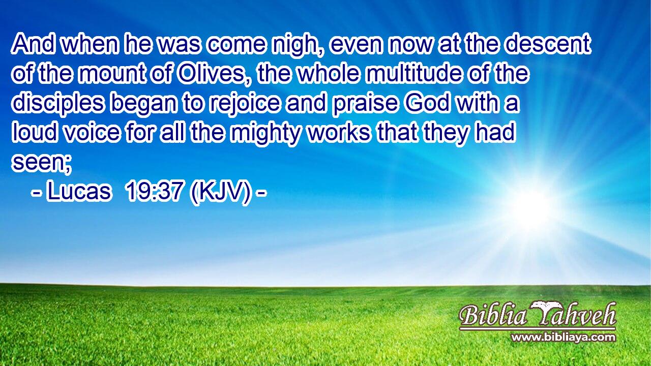 And when he was come nigh, even now at the descent of the mount of Olives, the whole multitude of the disciples began to rejoice and praise God with a loud voice for all the mighty works that they had seen;