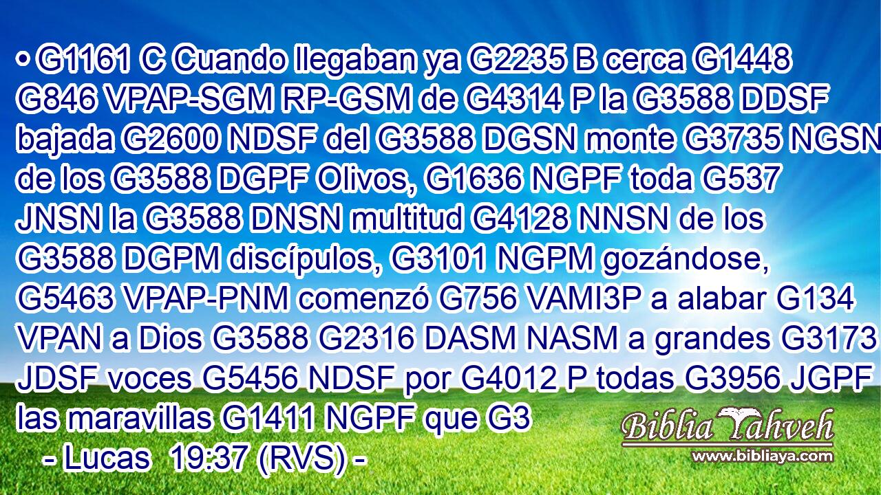 • G1161 C Cuando llegaban ya G2235 B cerca G1448 G846 VPAP-SGM RP-GSM de G4314 P la G3588 DDSF bajada G2600 NDSF del G3588 DGSN monte G3735 NGSN de los G3588 DGPF Olivos, G1636 NGPF toda G537 JNSN la G3588 DNSN multitud G4128 NNSN de los G3588 DGPM discípulos, G3101 NGPM gozándose, G5463 VPAP-PNM comenzó G756 VAMI3P a alabar G134 VPAN a Dios G3588 G2316 DASM NASM a grandes G3173 JDSF voces G5456 NDSF por G4012 P todas G3956 JGPF las maravillas G1411 NGPF que G3