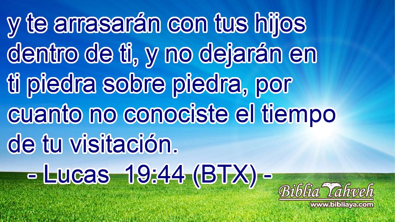 y te arrasarán con tus hijos dentro de ti, y no dejarán en ti piedra sobre piedra, por cuanto no conociste el tiempo de tu visitación.