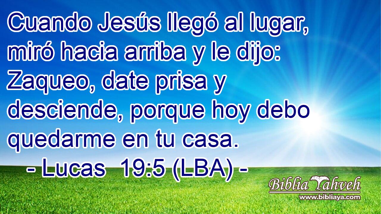 Cuando Jesús llegó al lugar, miró hacia arriba y le dijo: Zaqueo, date prisa y desciende, porque hoy debo quedarme en tu casa.