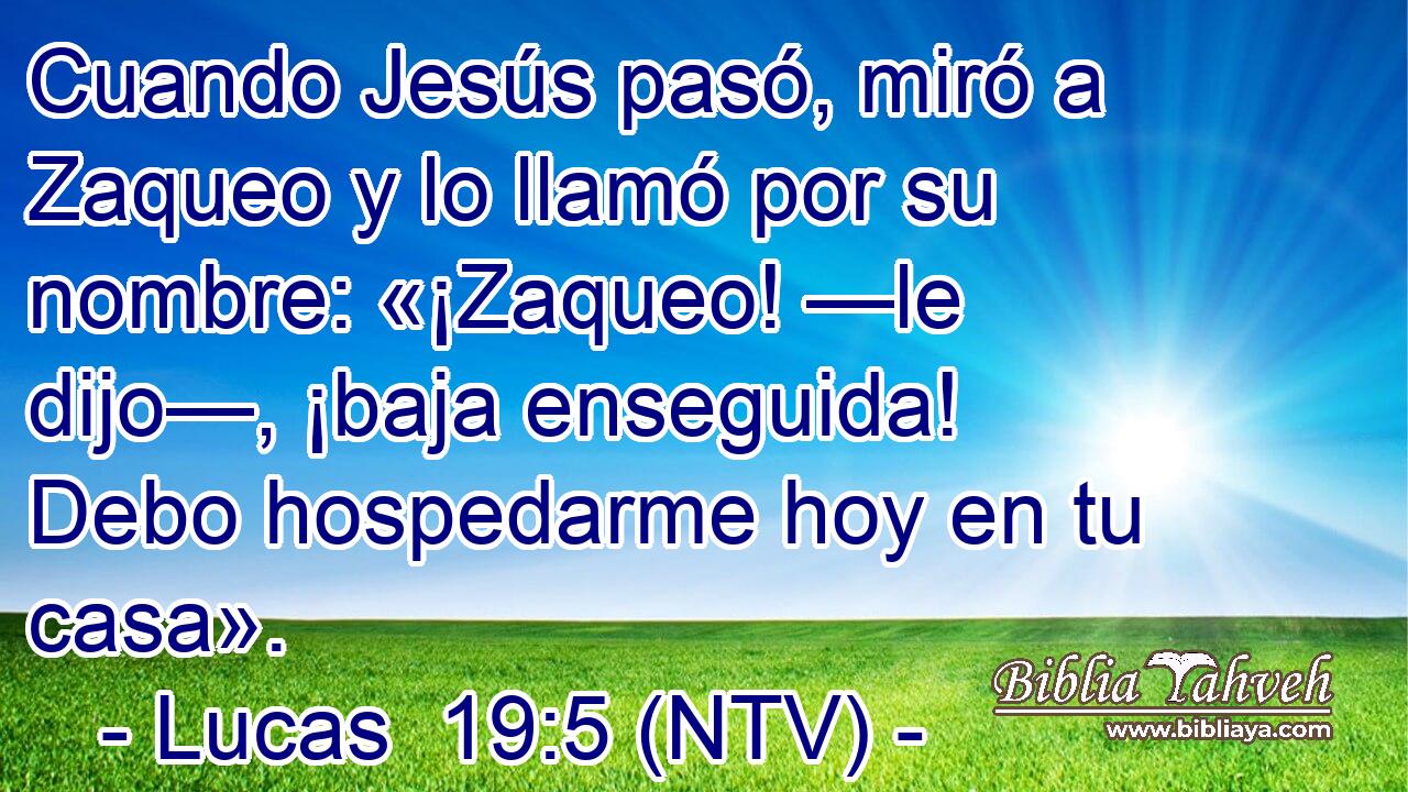 Cuando Jesús pasó, miró a Zaqueo y lo llamó por su nombre: «¡Zaqueo! —le dijo—, ¡baja enseguida! Debo hospedarme hoy en tu casa».