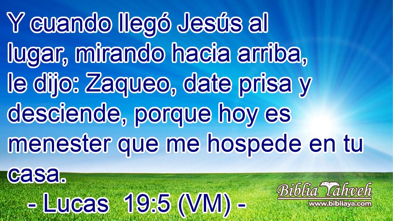  Y cuando llegó Jesús al lugar, mirando hacia arriba, le dijo: Zaqueo, date prisa y desciende, porque hoy es menester que me hospede en tu casa. 
