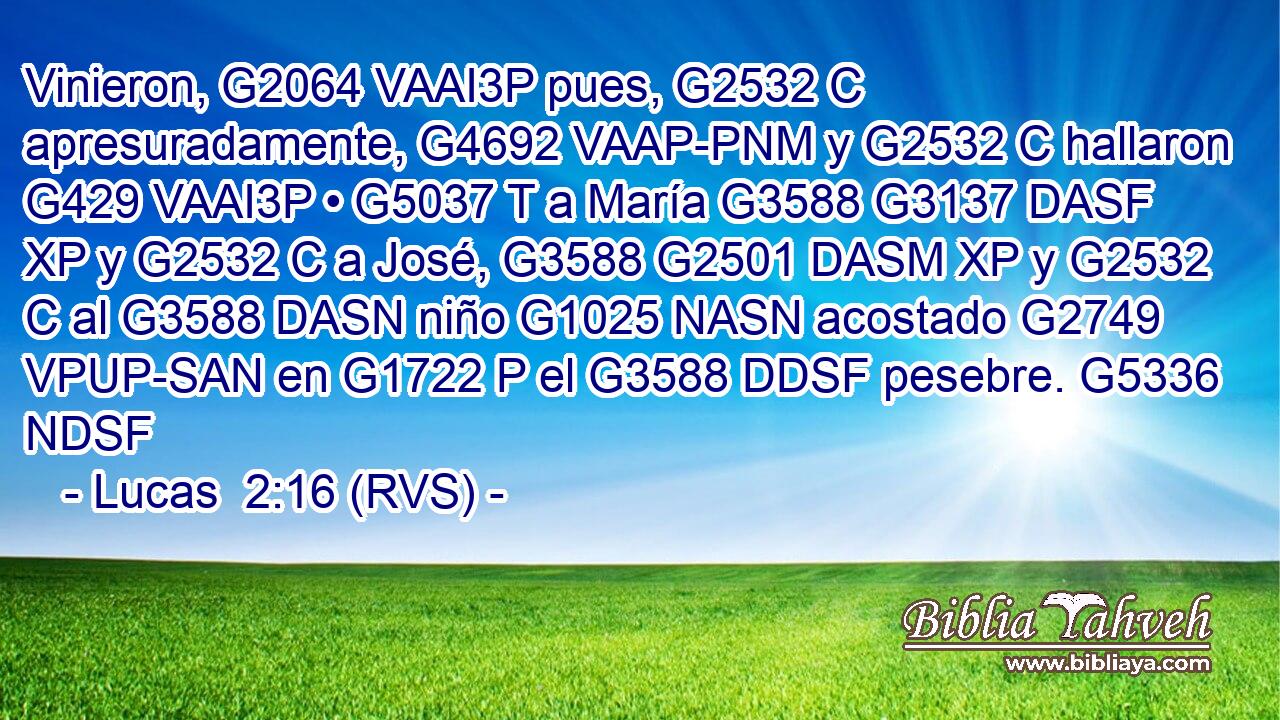 Vinieron, G2064 VAAI3P pues, G2532 C apresuradamente, G4692 VAAP-PNM y G2532 C hallaron G429 VAAI3P • G5037 T a María G3588 G3137 DASF XP y G2532 C a José, G3588 G2501 DASM XP y G2532 C al G3588 DASN niño G1025 NASN acostado G2749 VPUP-SAN en G1722 P el G3588 DDSF pesebre. G5336 NDSF 