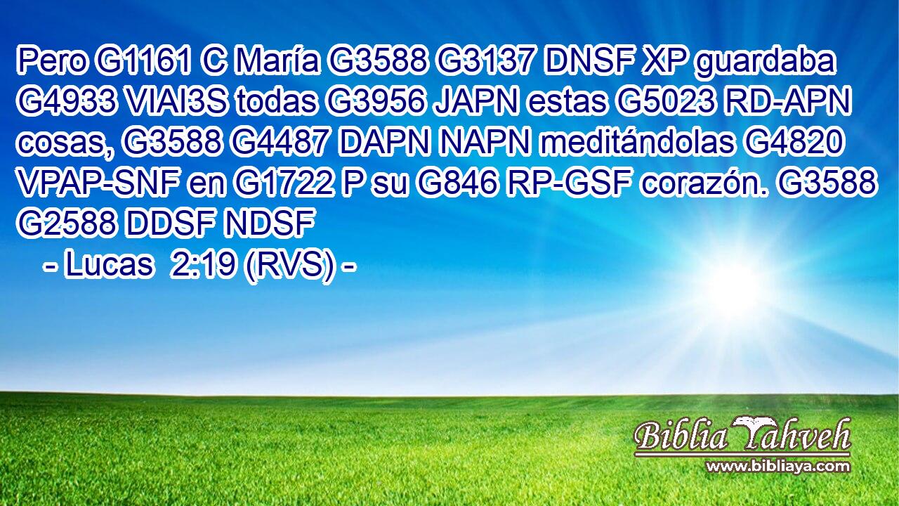 Pero G1161 C María G3588 G3137 DNSF XP guardaba G4933 VIAI3S todas G3956 JAPN estas G5023 RD-APN cosas, G3588 G4487 DAPN NAPN meditándolas G4820 VPAP-SNF en G1722 P su G846 RP-GSF corazón. G3588 G2588 DDSF NDSF 
