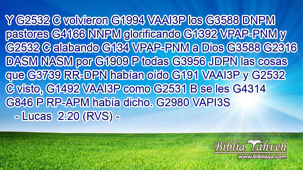 Y G2532 C volvieron G1994 VAAI3P los G3588 DNPM pastores G4166 NNPM glorificando G1392 VPAP-PNM y G2532 C alabando G134 VPAP-PNM a Dios G3588 G2316 DASM NASM por G1909 P todas G3956 JDPN las cosas que G3739 RR-DPN habían oído G191 VAAI3P y G2532 C visto, G1492 VAAI3P como G2531 B se les G4314 G846 P RP-APM había dicho. G2980 VAPI3S 