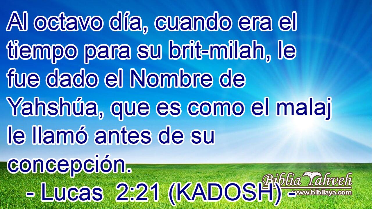  Al octavo día, cuando era el tiempo para su brit-milah, le fue dado el Nombre de Yahshúa, que es como el malaj le llamó antes de su concepción. 