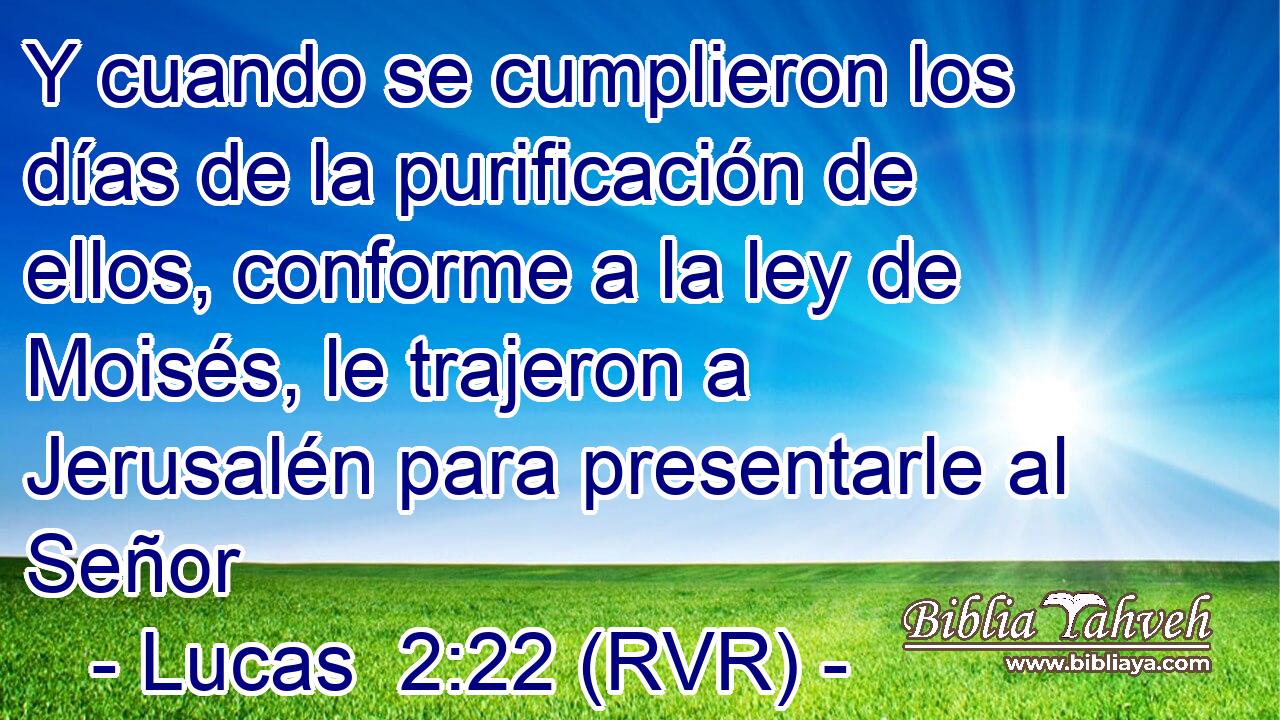 Y cuando se cumplieron los días de la purificación de ellos, conforme a la ley de Moisés, le trajeron a Jerusalén para presentarle al Señor