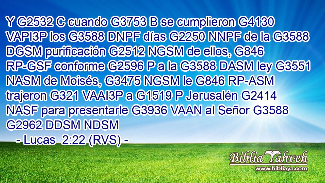 Y G2532 C cuando G3753 B se cumplieron G4130 VAPI3P los G3588 DNPF días G2250 NNPF de la G3588 DGSM purificación G2512 NGSM de ellos, G846 RP-GSF conforme G2596 P a la G3588 DASM ley G3551 NASM de Moisés, G3475 NGSM le G846 RP-ASM trajeron G321 VAAI3P a G1519 P Jerusalén G2414 NASF para presentarle G3936 VAAN al Señor G3588 G2962 DDSM NDSM 