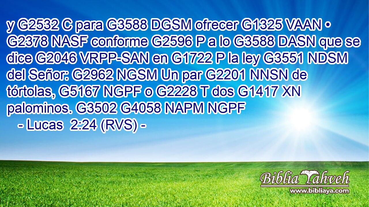 y G2532 C para G3588 DGSM ofrecer G1325 VAAN • G2378 NASF conforme G2596 P a lo G3588 DASN que se dice G2046 VRPP-SAN en G1722 P la ley G3551 NDSM del Señor: G2962 NGSM Un par G2201 NNSN de tórtolas, G5167 NGPF o G2228 T dos G1417 XN palominos. G3502 G4058 NAPM NGPF 