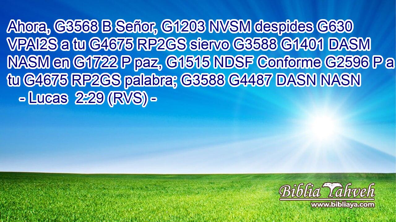Ahora, G3568 B Señor, G1203 NVSM despides G630 VPAI2S a tu G4675 RP2GS siervo G3588 G1401 DASM NASM en G1722 P paz, G1515 NDSF Conforme G2596 P a tu G4675 RP2GS palabra; G3588 G4487 DASN NASN 