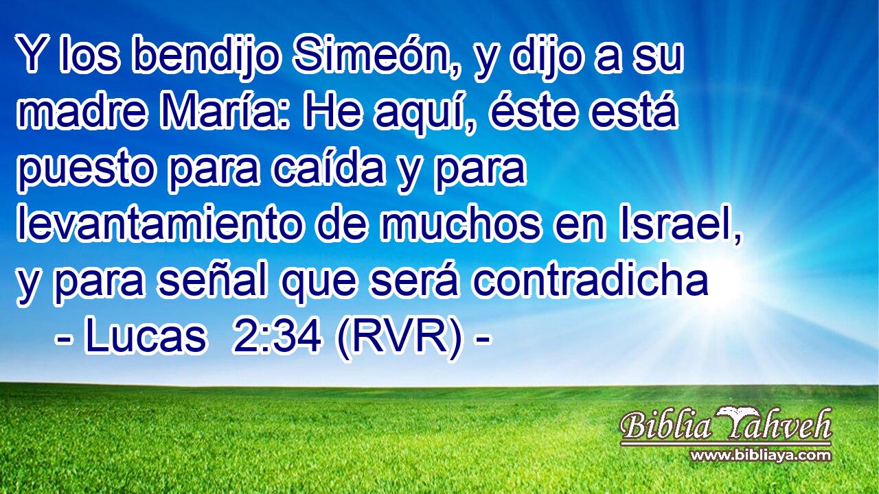 Y los bendijo Simeón, y dijo a su madre María: He aquí, éste está puesto para caída y para levantamiento de muchos en Israel, y para señal que será contradicha