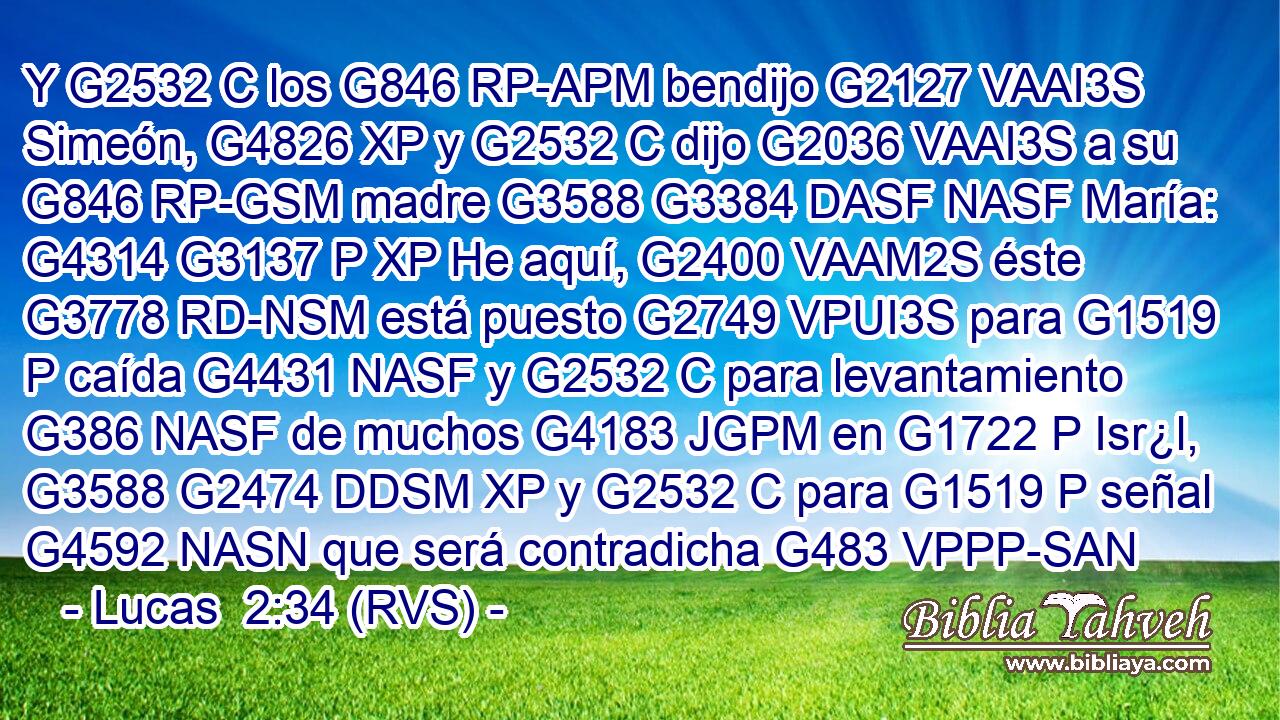 Y G2532 C los G846 RP-APM bendijo G2127 VAAI3S Simeón, G4826 XP y G2532 C dijo G2036 VAAI3S a su G846 RP-GSM madre G3588 G3384 DASF NASF María: G4314 G3137 P XP He aquí, G2400 VAAM2S éste G3778 RD-NSM está puesto G2749 VPUI3S para G1519 P caída G4431 NASF y G2532 C para levantamiento G386 NASF de muchos G4183 JGPM en G1722 P Isr¿l, G3588 G2474 DDSM XP y G2532 C para G1519 P señal G4592 NASN que será contradicha G483 VPPP-SAN 