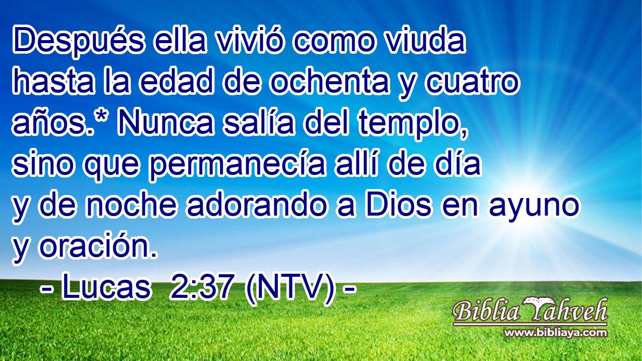 Después ella vivió como viuda hasta la edad de ochenta y cuatro años.* Nunca salía del templo, sino que permanecía allí de día y de noche adorando a Dios en ayuno y oración.