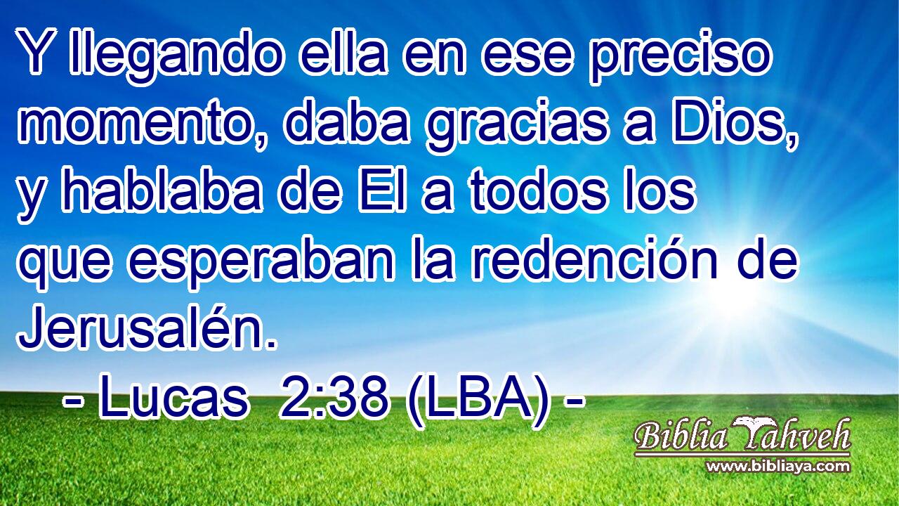 Y llegando ella en ese preciso momento, daba gracias a Dios, y hablaba de El a todos los que esperaban la redención de Jerusalén.