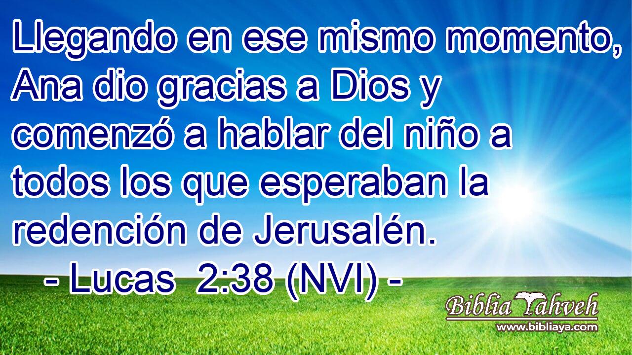  Llegando en ese mismo momento, Ana dio gracias a Dios y comenzó a hablar del niño a todos los que esperaban la redención de Jerusalén. 