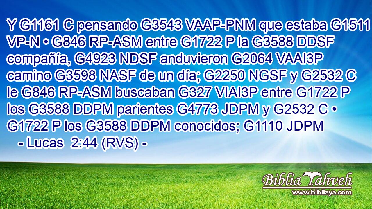 Y G1161 C pensando G3543 VAAP-PNM que estaba G1511 VP-N • G846 RP-ASM entre G1722 P la G3588 DDSF compañía, G4923 NDSF anduvieron G2064 VAAI3P camino G3598 NASF de un día; G2250 NGSF y G2532 C le G846 RP-ASM buscaban G327 VIAI3P entre G1722 P los G3588 DDPM parientes G4773 JDPM y G2532 C • G1722 P los G3588 DDPM conocidos; G1110 JDPM 