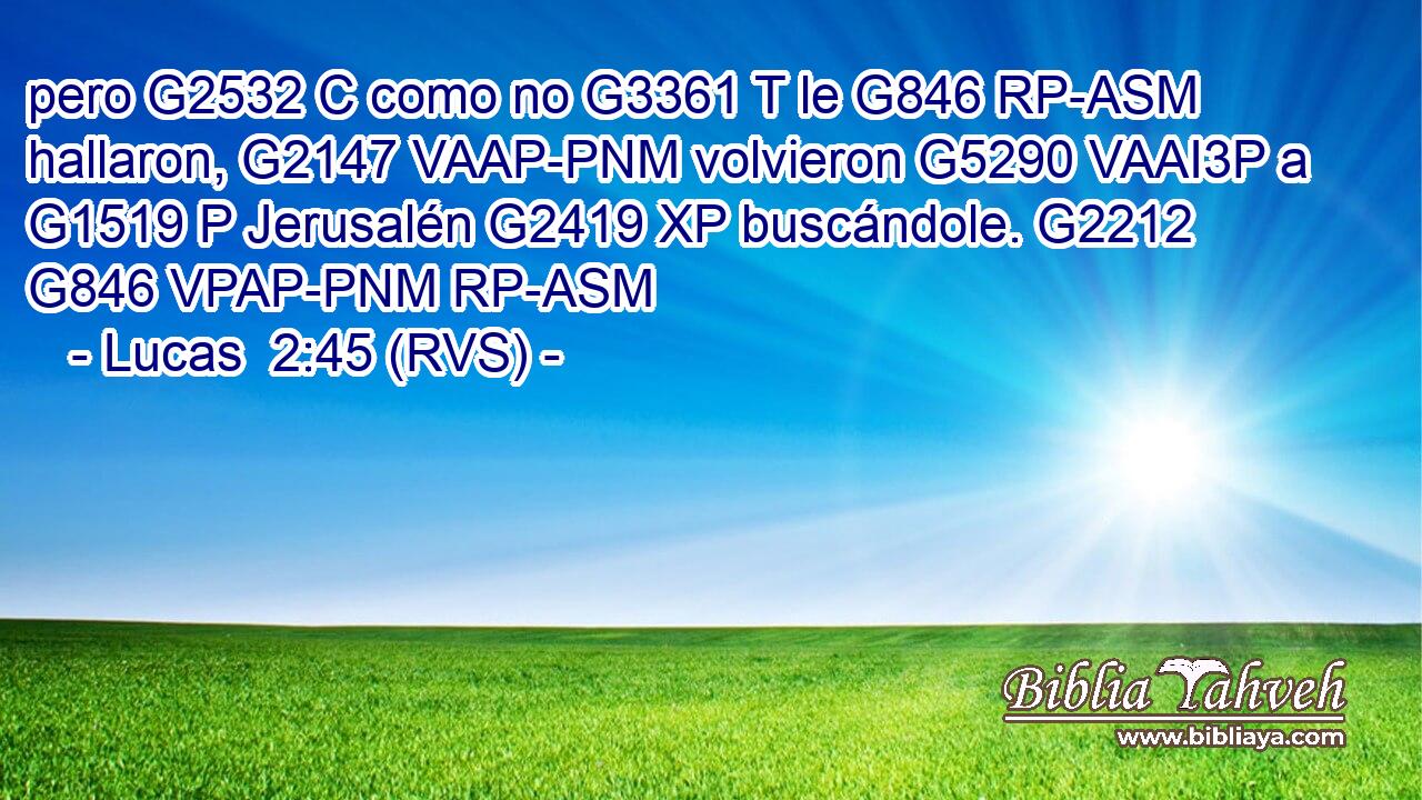 pero G2532 C como no G3361 T le G846 RP-ASM hallaron, G2147 VAAP-PNM volvieron G5290 VAAI3P a G1519 P Jerusalén G2419 XP buscándole. G2212 G846 VPAP-PNM RP-ASM 