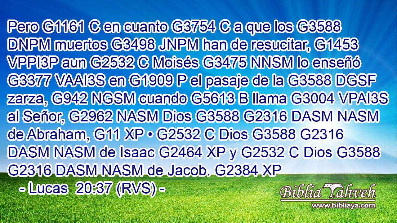 Pero G1161 C en cuanto G3754 C a que los G3588 DNPM muertos G3498 JNPM han de resucitar, G1453 VPPI3P aun G2532 C Moisés G3475 NNSM lo enseñó G3377 VAAI3S en G1909 P el pasaje de la G3588 DGSF zarza, G942 NGSM cuando G5613 B llama G3004 VPAI3S al Señor, G2962 NASM Dios G3588 G2316 DASM NASM de Abraham, G11 XP • G2532 C Dios G3588 G2316 DASM NASM de Isaac G2464 XP y G2532 C Dios G3588 G2316 DASM NASM de Jacob. G2384 XP 