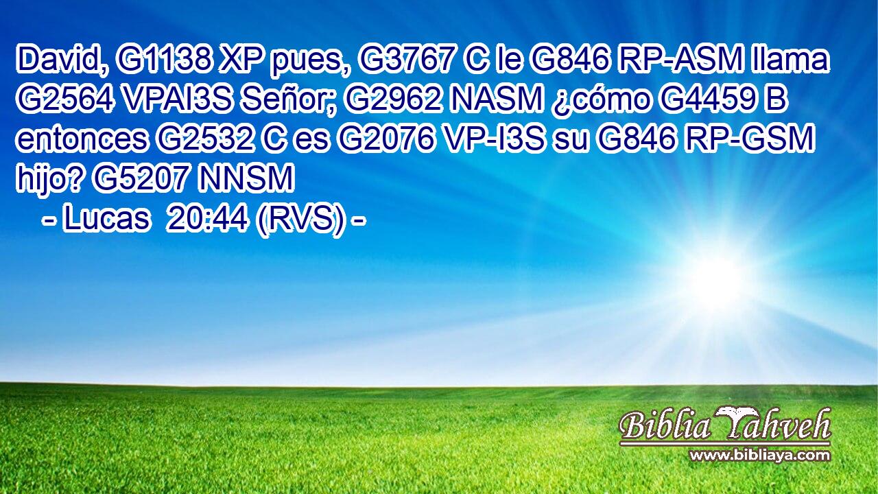 David, G1138 XP pues, G3767 C le G846 RP-ASM llama G2564 VPAI3S Señor; G2962 NASM ¿cómo G4459 B entonces G2532 C es G2076 VP-I3S su G846 RP-GSM hijo? G5207 NNSM 