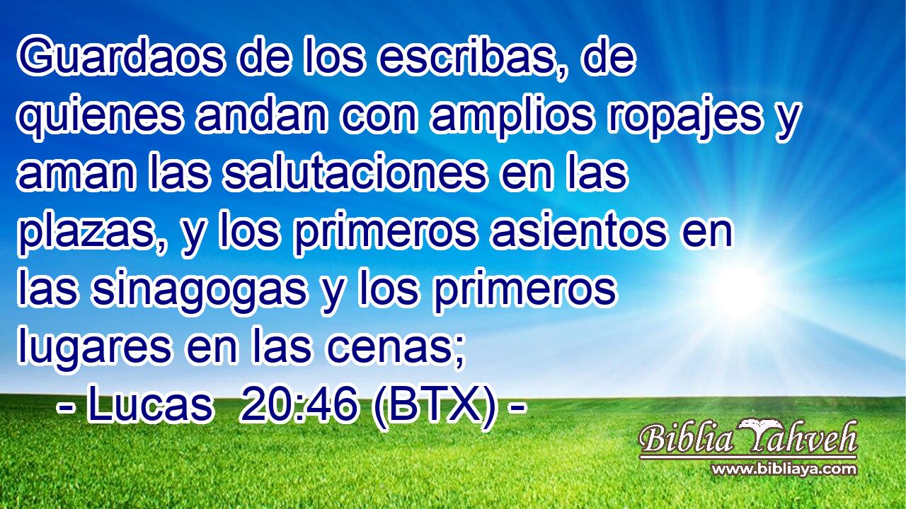 Guardaos de los escribas, de quienes andan con amplios ropajes y aman las salutaciones en las plazas, y los primeros asientos en las sinagogas y los primeros lugares en las cenas;