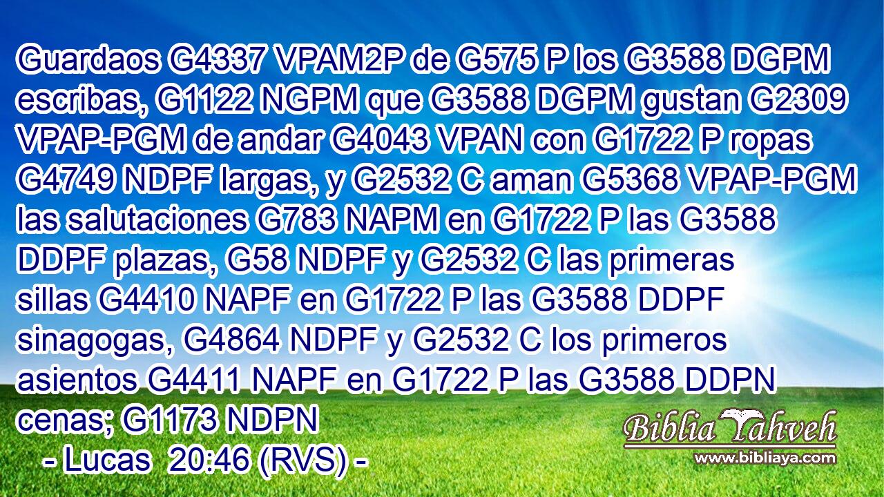 Guardaos G4337 VPAM2P de G575 P los G3588 DGPM escribas, G1122 NGPM que G3588 DGPM gustan G2309 VPAP-PGM de andar G4043 VPAN con G1722 P ropas G4749 NDPF largas, y G2532 C aman G5368 VPAP-PGM las salutaciones G783 NAPM en G1722 P las G3588 DDPF plazas, G58 NDPF y G2532 C las primeras sillas G4410 NAPF en G1722 P las G3588 DDPF sinagogas, G4864 NDPF y G2532 C los primeros asientos G4411 NAPF en G1722 P las G3588 DDPN cenas; G1173 NDPN 
