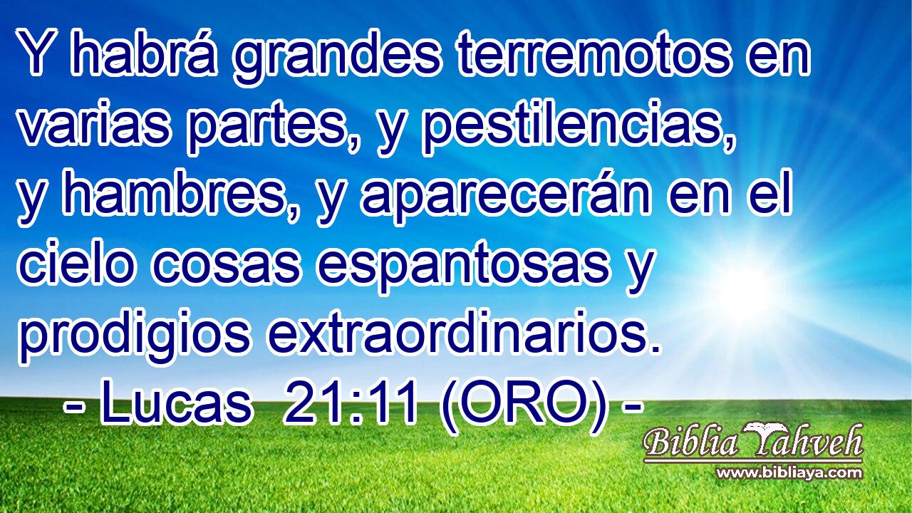  Y habrá grandes terremotos en varias partes, y pestilencias, y hambres, y aparecerán en el cielo cosas espantosas y prodigios extraordinarios. 