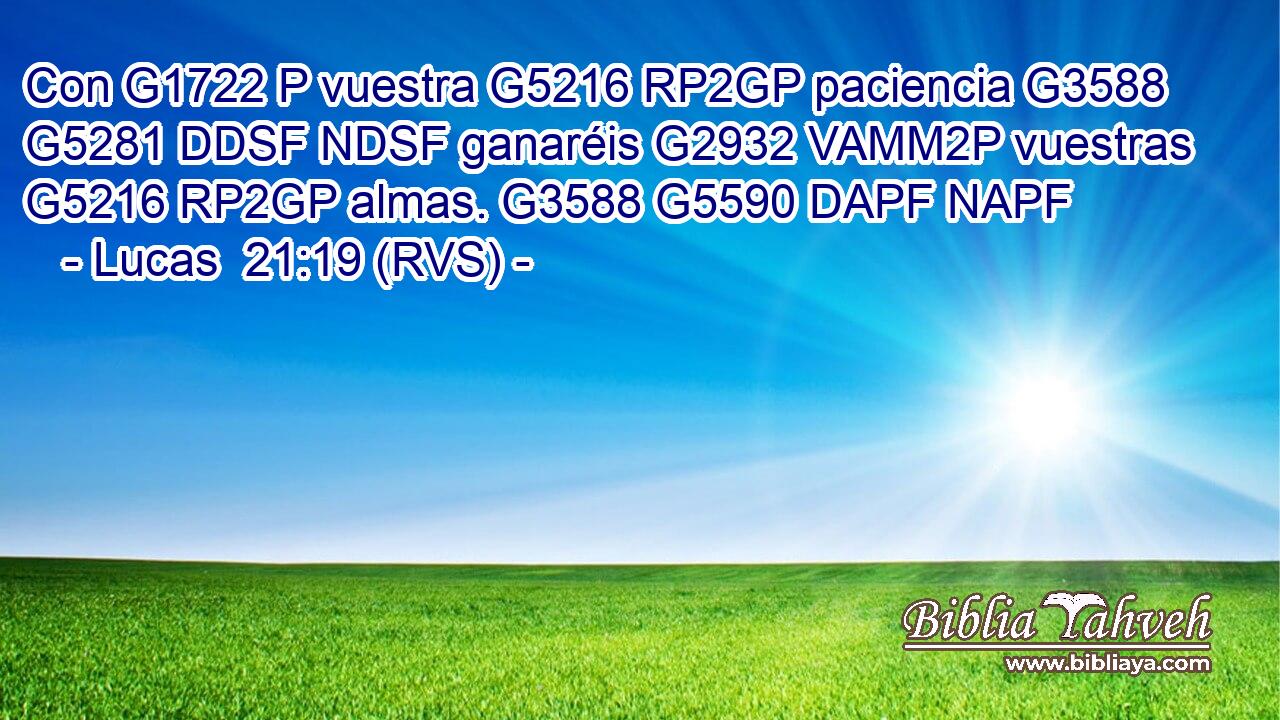 Con G1722 P vuestra G5216 RP2GP paciencia G3588 G5281 DDSF NDSF ganaréis G2932 VAMM2P vuestras G5216 RP2GP almas. G3588 G5590 DAPF NAPF 