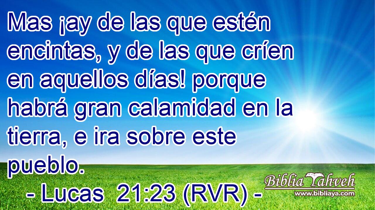 Mas ¡ay de las que estén encintas, y de las que críen en aquellos días! porque habrá gran calamidad en la tierra, e ira sobre este pueblo.