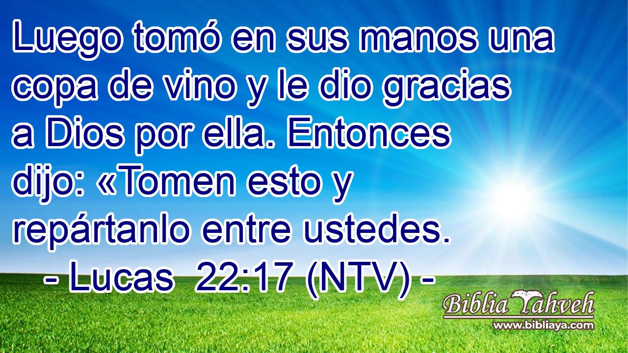 Luego tomó en sus manos una copa de vino y le dio gracias a Dios por ella. Entonces dijo: «Tomen esto y repártanlo entre ustedes.