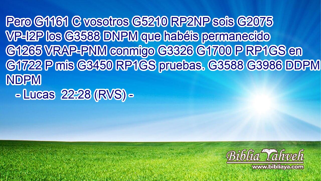 Pero G1161 C vosotros G5210 RP2NP sois G2075 VP-I2P los G3588 DNPM que habéis permanecido G1265 VRAP-PNM conmigo G3326 G1700 P RP1GS en G1722 P mis G3450 RP1GS pruebas. G3588 G3986 DDPM NDPM 