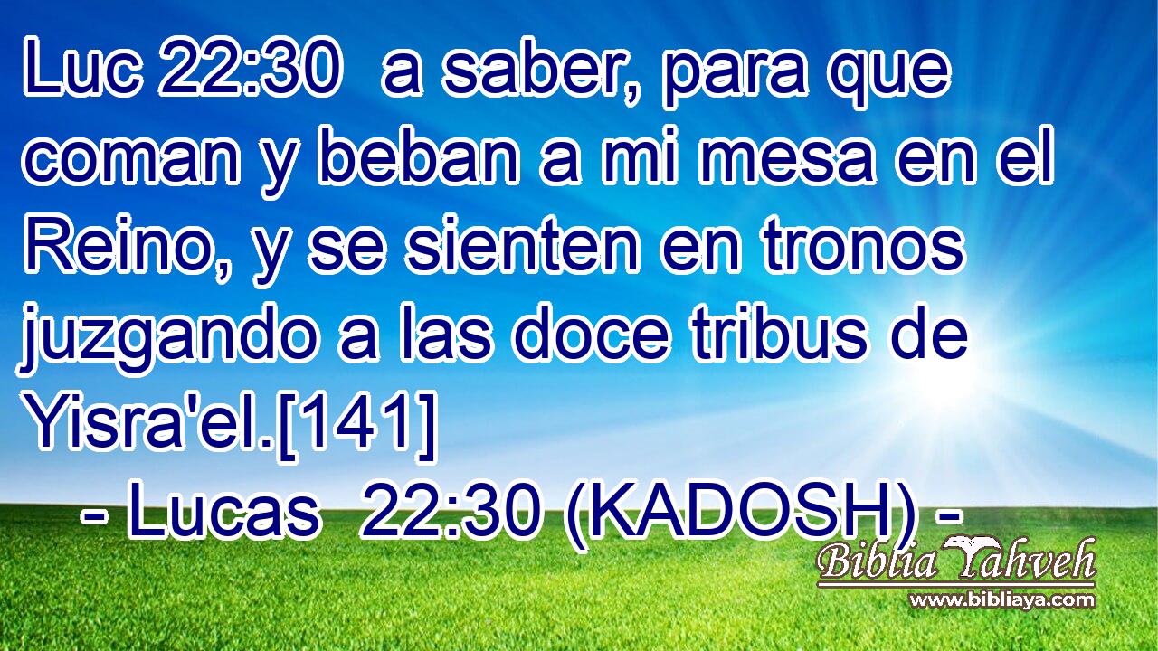  a saber, para que coman y beban a mi mesa en el Reino, y se sienten en tronos juzgando a las doce tribus de Yisra'el.[141] 