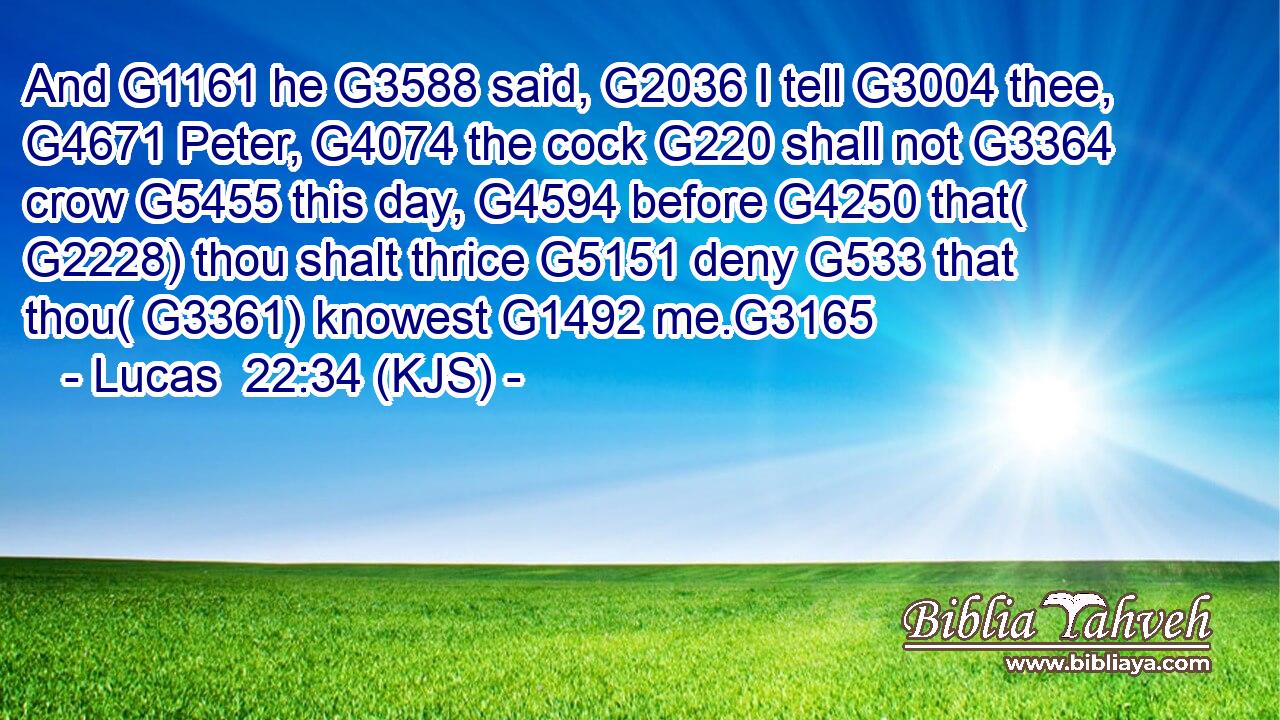 And G1161 he G3588 said, G2036 I tell G3004 thee, G4671 Peter, G4074 the cock G220 shall not G3364 crow G5455 this day, G4594 before G4250 that( G2228) thou shalt thrice G5151 deny G533 that thou( G3361) knowest G1492 me.G3165
