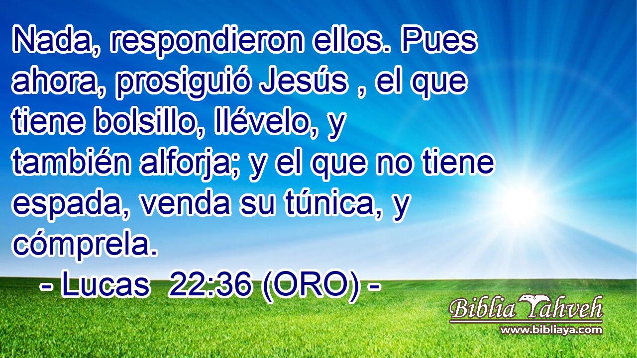  Nada, respondieron ellos. Pues ahora, prosiguió Jesús , el que tiene bolsillo, llévelo, y también alforja; y el que no tiene espada, venda su túnica, y cómprela. 