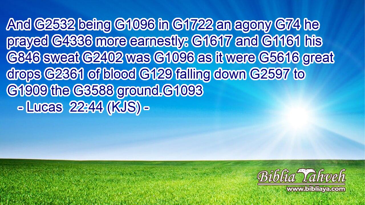 And G2532 being G1096 in G1722 an agony G74 he prayed G4336 more earnestly: G1617 and G1161 his G846 sweat G2402 was G1096 as it were G5616 great drops G2361 of blood G129 falling down G2597 to G1909 the G3588 ground.G1093