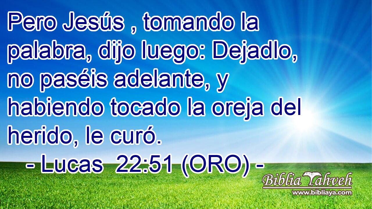  Pero Jesús , tomando la palabra, dijo luego: Dejadlo, no paséis adelante, y habiendo tocado la oreja del herido, le curó. 