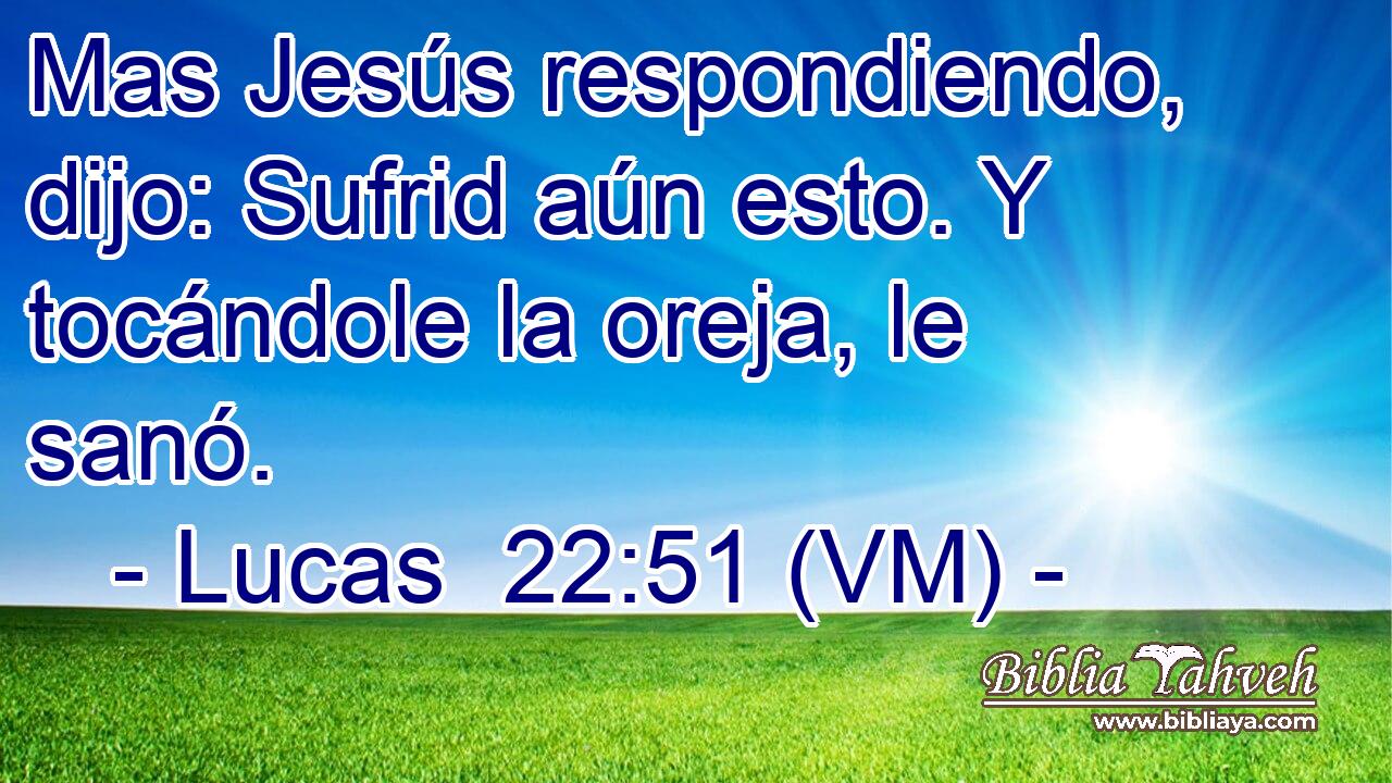  Mas Jesús respondiendo, dijo: Sufrid aún esto. Y tocándole la oreja, le sanó. 