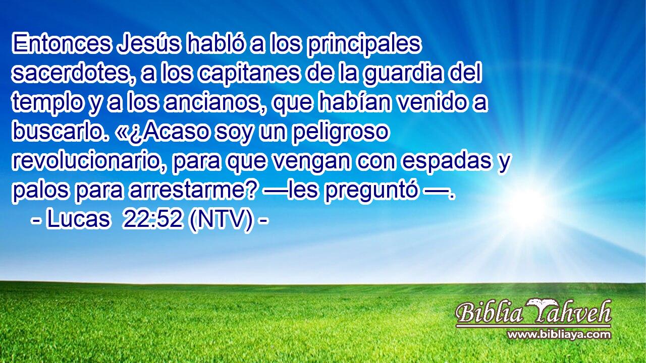 Entonces Jesús habló a los principales sacerdotes, a los capitanes de la guardia del templo y a los ancianos, que habían venido a buscarlo. «¿Acaso soy un peligroso revolucionario, para que vengan con espadas y palos para arrestarme? —les preguntó —.