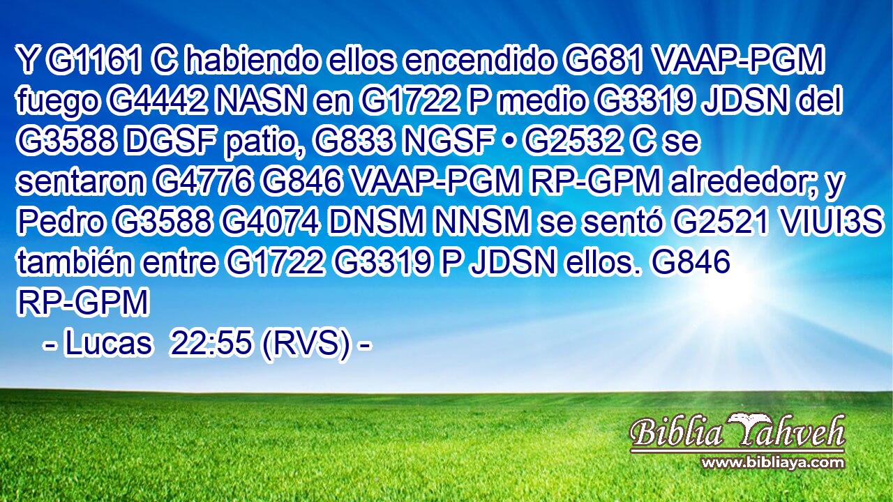 Y G1161 C habiendo ellos encendido G681 VAAP-PGM fuego G4442 NASN en G1722 P medio G3319 JDSN del G3588 DGSF patio, G833 NGSF • G2532 C se sentaron G4776 G846 VAAP-PGM RP-GPM alrededor; y Pedro G3588 G4074 DNSM NNSM se sentó G2521 VIUI3S también entre G1722 G3319 P JDSN ellos. G846 RP-GPM 