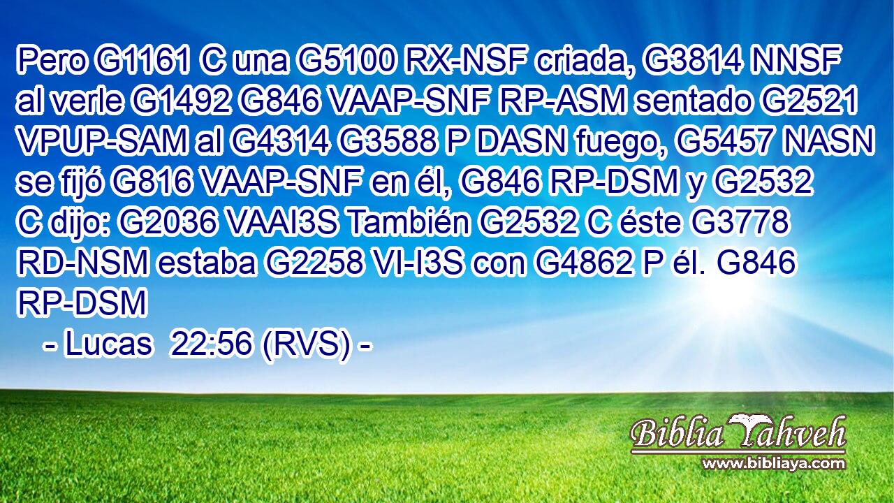 Pero G1161 C una G5100 RX-NSF criada, G3814 NNSF al verle G1492 G846 VAAP-SNF RP-ASM sentado G2521 VPUP-SAM al G4314 G3588 P DASN fuego, G5457 NASN se fijó G816 VAAP-SNF en él, G846 RP-DSM y G2532 C dijo: G2036 VAAI3S También G2532 C éste G3778 RD-NSM estaba G2258 VI-I3S con G4862 P él. G846 RP-DSM 
