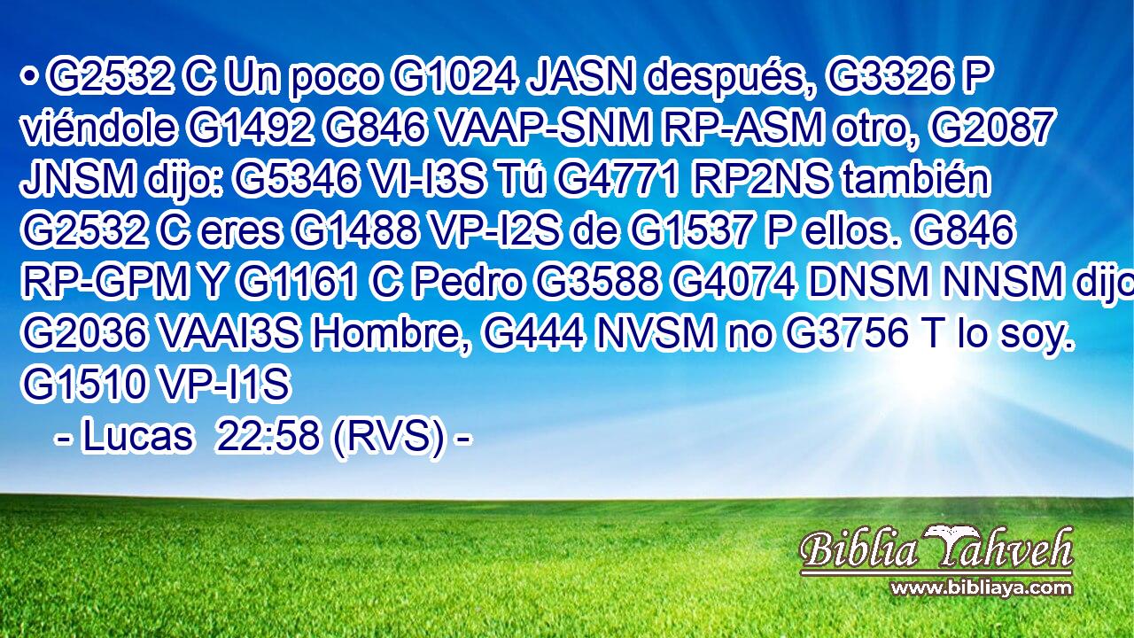 • G2532 C Un poco G1024 JASN después, G3326 P viéndole G1492 G846 VAAP-SNM RP-ASM otro, G2087 JNSM dijo: G5346 VI-I3S Tú G4771 RP2NS también G2532 C eres G1488 VP-I2S de G1537 P ellos. G846 RP-GPM Y G1161 C Pedro G3588 G4074 DNSM NNSM dijo: G2036 VAAI3S Hombre, G444 NVSM no G3756 T lo soy. G1510 VP-I1S 