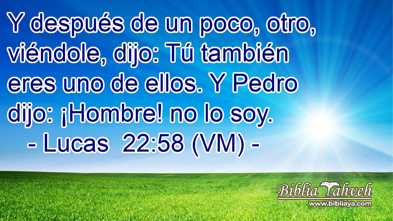  Y después de un poco, otro, viéndole, dijo: Tú también eres uno de ellos. Y Pedro dijo: ¡Hombre! no lo soy. 