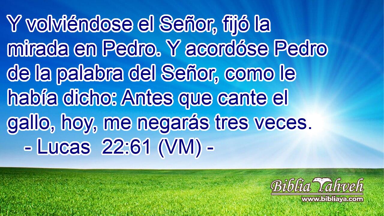  Y volviéndose el Señor, fijó la mirada en Pedro. Y acordóse Pedro de la palabra del Señor, como le había dicho: Antes que cante el gallo, hoy, me negarás tres veces. 