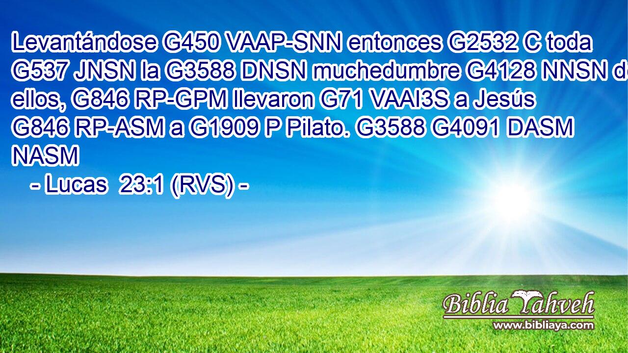 Levantándose G450 VAAP-SNN entonces G2532 C toda G537 JNSN la G3588 DNSN muchedumbre G4128 NNSN de ellos, G846 RP-GPM llevaron G71 VAAI3S a Jesús G846 RP-ASM a G1909 P Pilato. G3588 G4091 DASM NASM 