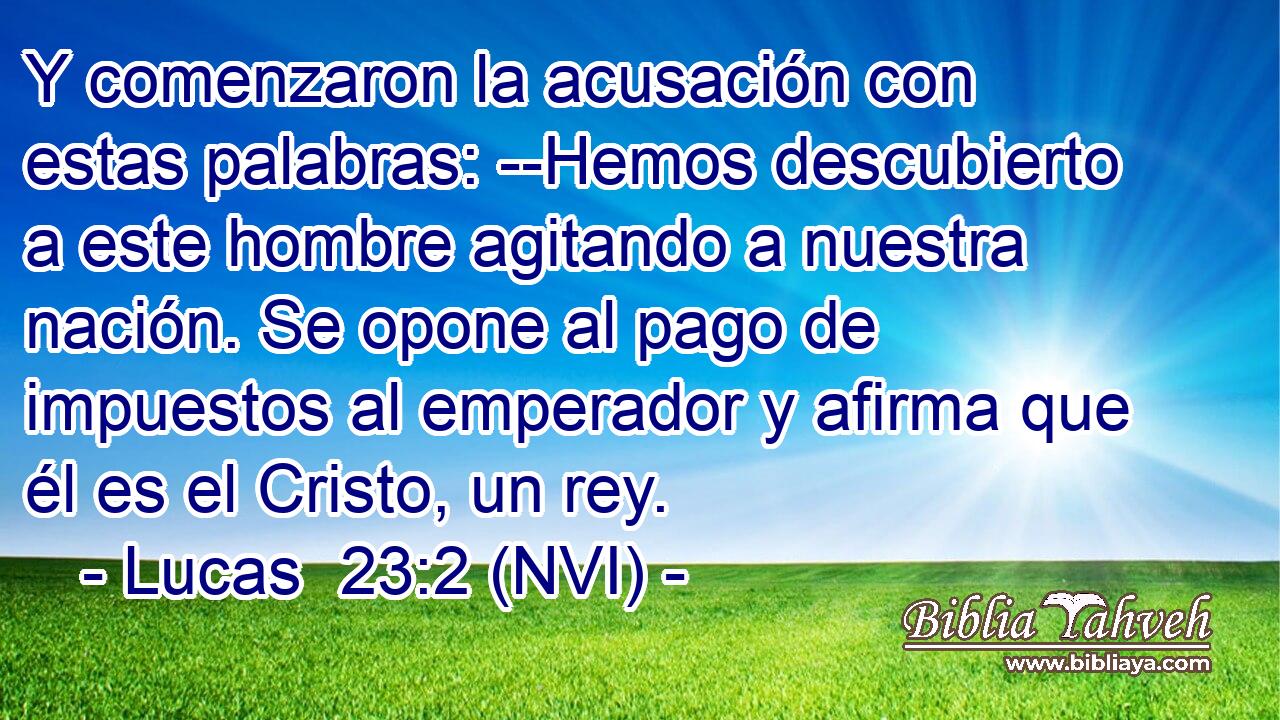  Y comenzaron la acusación con estas palabras: --Hemos descubierto a este hombre agitando a nuestra nación. Se opone al pago de impuestos al emperador y afirma que él es el Cristo, un rey. 